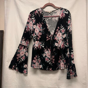 Women's Bleuh Ciel Black Pink Floral Bell Sleeve Blouse L